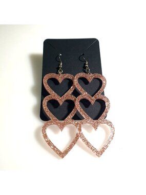 Sparkling Rose Gold Glitter Heart Dangle Earrings Acrylic Statement Jewelry 4 In